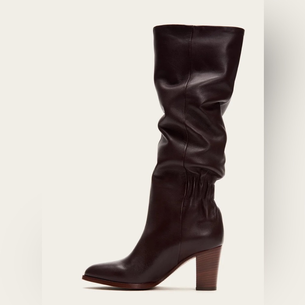 $399 Frye June Slouch Knee High Brown Leather Heeled Pull On Tall Winter Boots - Picture 4 of 16